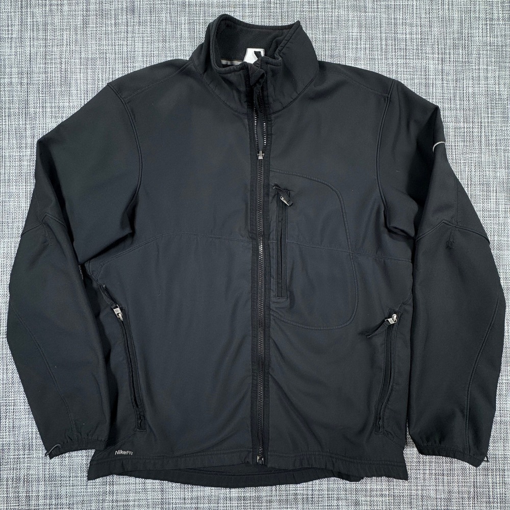 Nike Mens Large FIT Therma Softshell Jacket Black Full Zip Fleece Lined Pockets